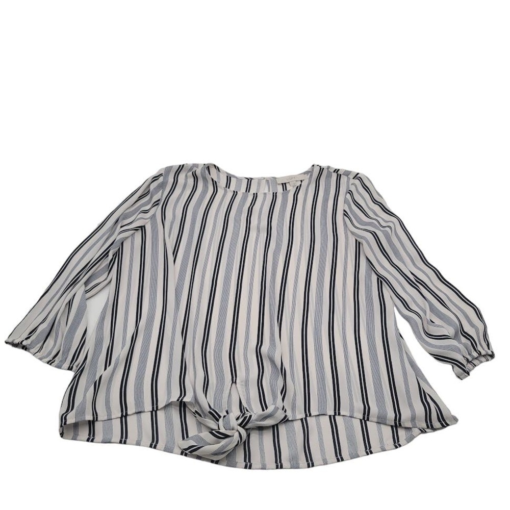 Loft Navy & White Striped Tie Front 3/4 Sleeve Blouse Womens Sz L